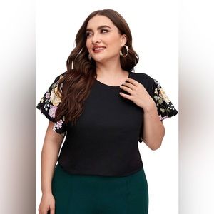 EUC Black Floral Flutter Sleeve Jersey Knit Top size 2x